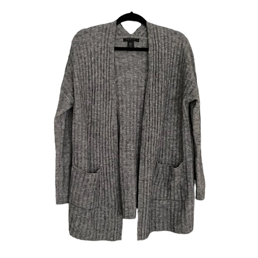 TAHARI Wool Alpaca Ribbed Oversized Open Front Cardigan Sweater Gray M